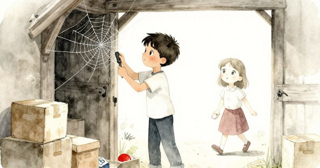 迪恩推開儲藏室老舊木門，肩上刷過蛛網，六月跟隨好奇走進充滿灰塵貨箱與斑駁牆面的空間。