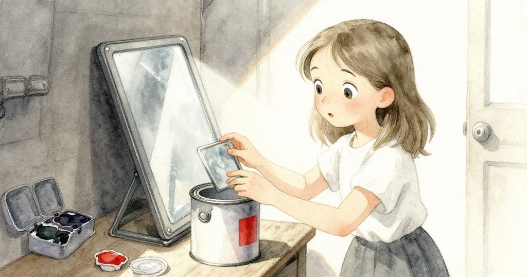 六月小心地把方形鏡子放在傾斜的鐵罐上，鏡面反射著一縷溫暖陽光，展現出舊物金屬與玻璃的細膩紋理。