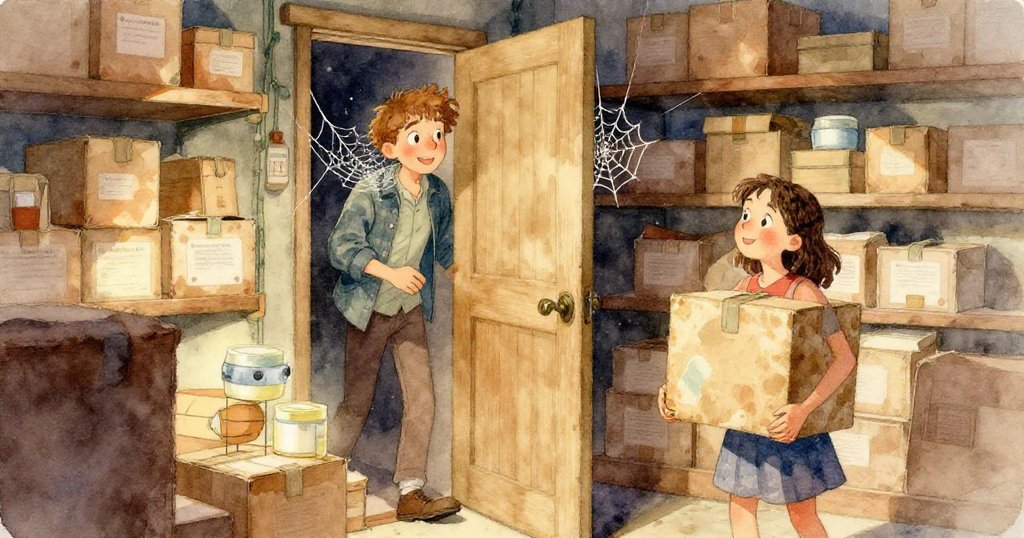 透過小生物視角展現陽光穿透高窗，擊中彩色玻璃瓶，幻化藍綠黃光帶，塵埃如小精靈般旋轉於舊倉庫角落。