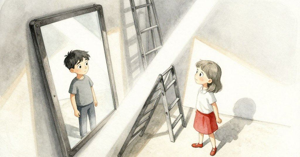 從金屬梯子高處俯瞰，迪恩和六月調整鏡子，讓交錯光束爬升，燈光與陰影在倉庫內產生奇妙幾何效果。