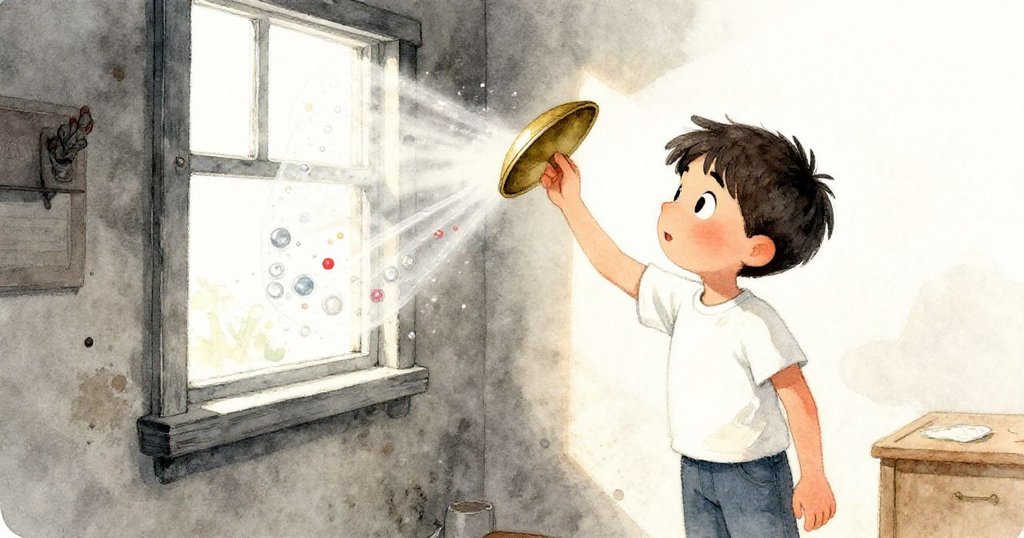 迪恩興奮地揮動銅蓋，射出刺眼銀光映在泡泡紙上，彩虹點綴在倉庫內充滿懸念的瞬間。