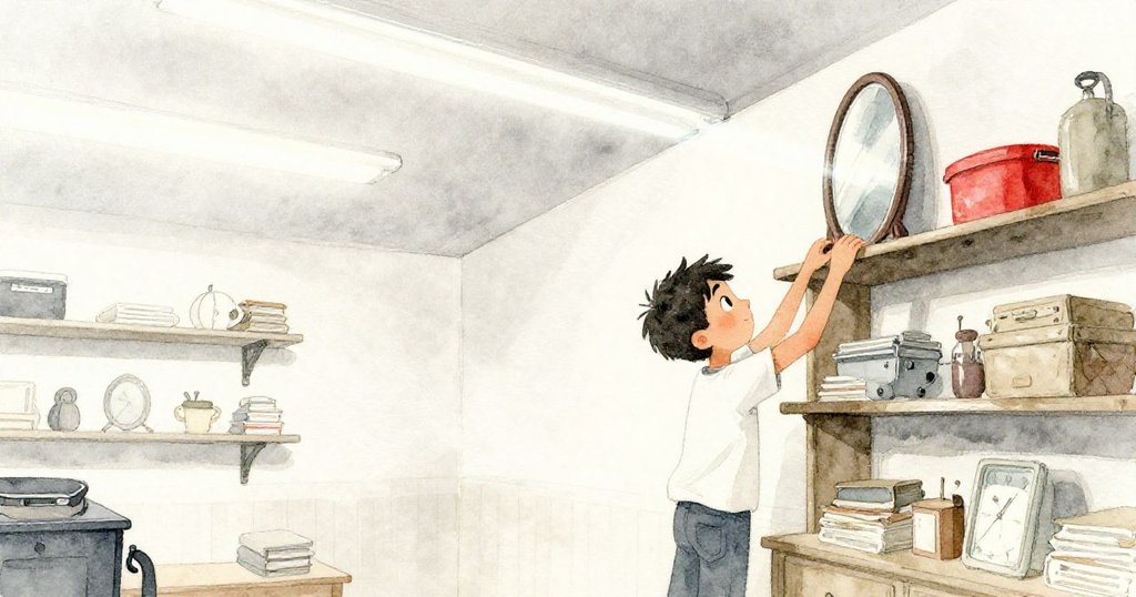 迪恩滿懷成就感將最後一面鏡子放上高架，細長色彩光條在塵封走道上緩緩漂移，畫面充滿溫馨告別情緒。