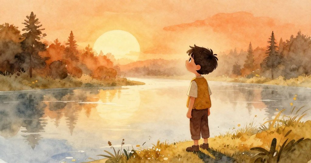 小男孩Theo站在晨霧籠罩的河邊,輪廓分明,充滿期待與寧靜,展現旅程的開始。