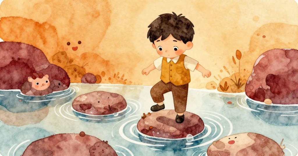 從高處俯瞰,小男孩Theo穩步踩在石上,觀察著下方旋轉的水流,透露出謹慎與期待。