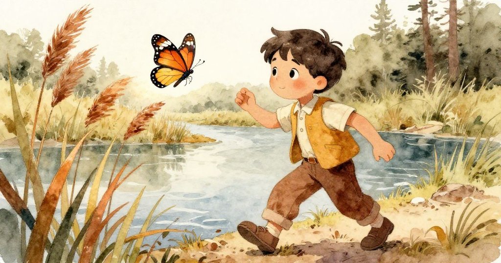 在河邊的蘆葦間,一隻色彩明亮的蝴蝶飛起,小男孩Theo驚喜凝視,充滿神秘奇幻之感。