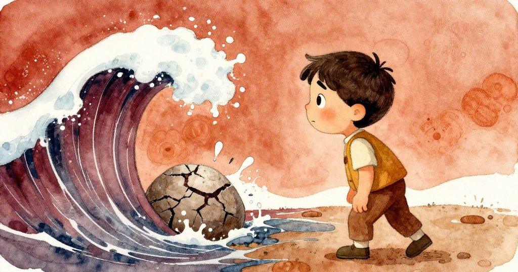 當波濤猛烈拍擊石頭時,小男孩Theo神情凝重地觀察水流與破裂石塊,展現選擇與決心的關鍵時刻。