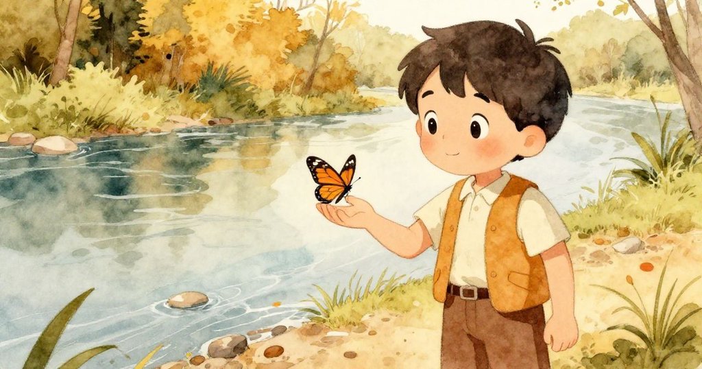 登上安全岸邊後,小男孩Theo微笑輕握著蝴蝶,溫暖光影中流露出希望與安心,象徵旅程的圓滿。