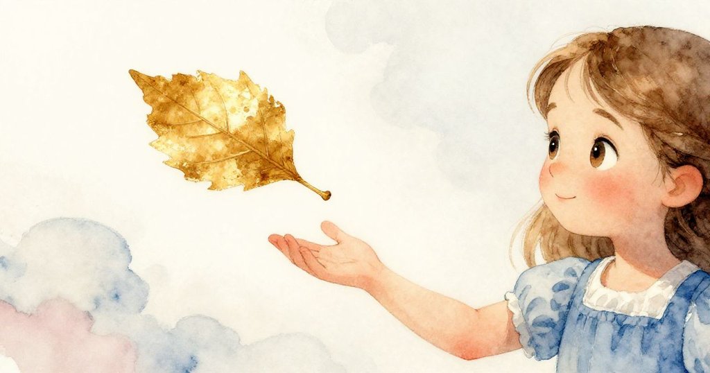 Rosa 細心伸手接住飄動的金色樹葉，背景中隱約顯現長草與柔和光線，充滿溫柔與驚奇。