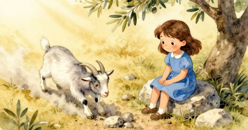 高處俯瞰，Rosa 坐在石上注視山羊從碎石上滑下，天空明亮，石塊散落，充滿驚奇與快樂。