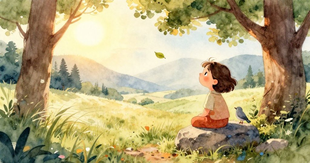從高樹上俯瞰寧靜山谷，小木屋點綴景色，隱約可見遠處的Rosa與山羊，整個畫面柔和且安逸。