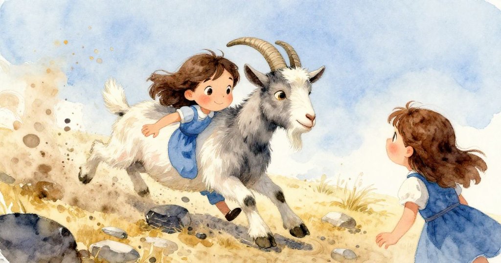 山羊迅速從碎石上滑下激起塵土飛揚，Rosa 目光炯炯有神，臉上滿是驚奇與快樂，場面充滿動感。