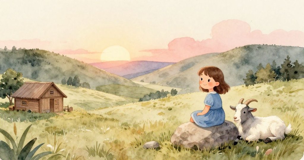 夕陽下山谷恢復寧靜，Rosa 坐在石上微笑，山羊安歇於木屋旁，整個畫面充滿溫暖與和諧。