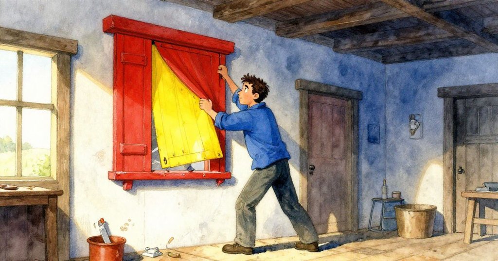 塞斯在舊紙漿房中打開搖搖欲墜的百葉窗，輪廓分明，房間充滿灰光，展現故事的開端與期待。