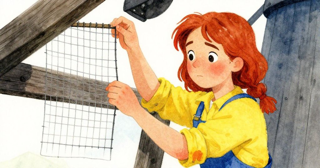 梅在陳舊的機房裡整理金屬網，臉上滿是專注與憂慮，展示故事發展中的緊張情緒。