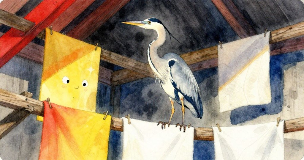 鷺鳥靜靜棲在老舊晾衣架上，低角度呈現出其莊嚴神秘姿態，突顯機房內意外的自然存在與氛圍。