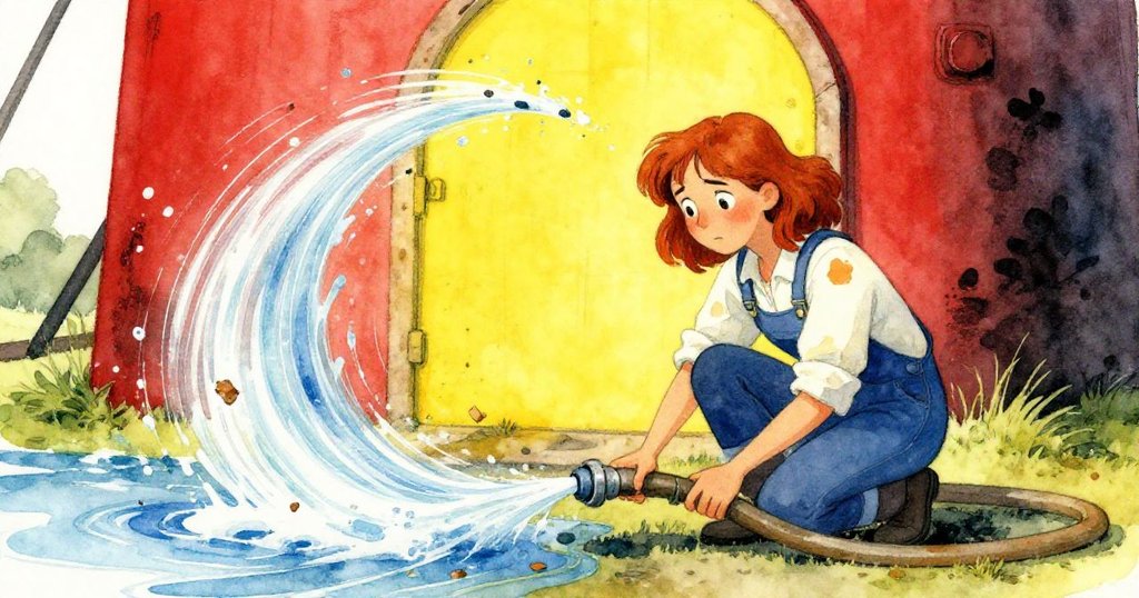 梅蹲下調理松動的水管，水帶流動形成動態軌跡，散落的紙漿碎片隨水漂動，展現故事轉捩點的緊張與活力。