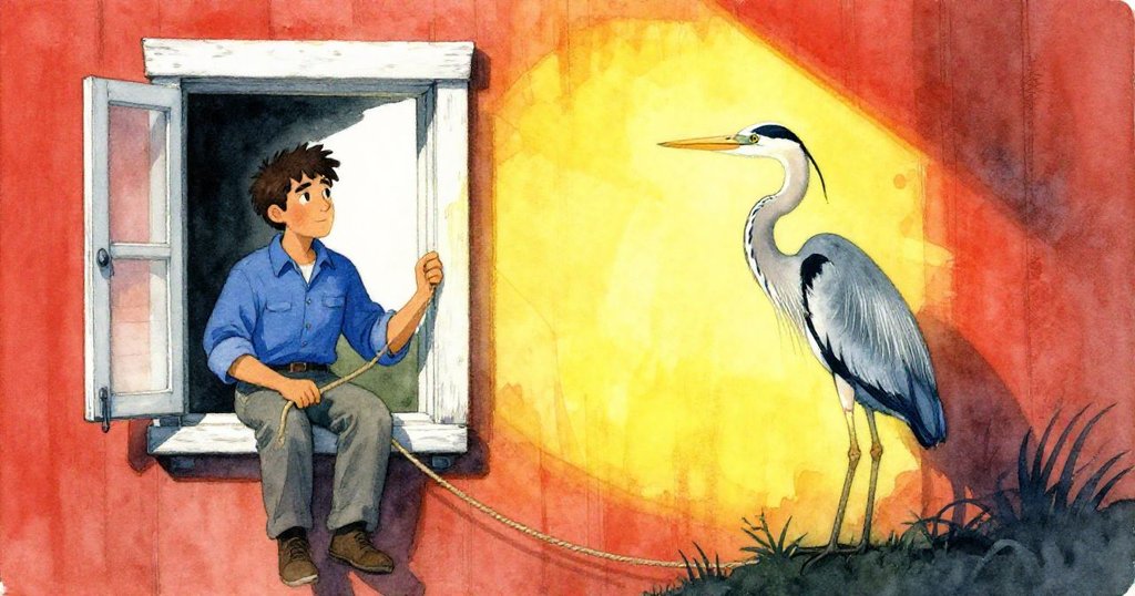 塞斯在開著的窗邊緊握繩索，目光溫柔，鷺鳥逐漸平靜，溫暖陽光滲透舊機房，故事迎來寧靜結局。