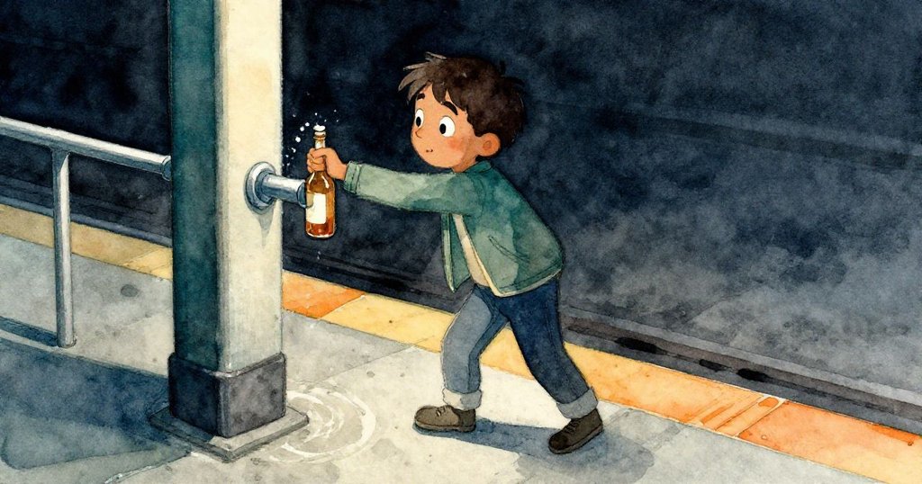 Rafe走上混凝土站台，感受冷冽金屬扶手與輕風，按下瓶子於噴泉處，臉上流露探險與好奇神情。