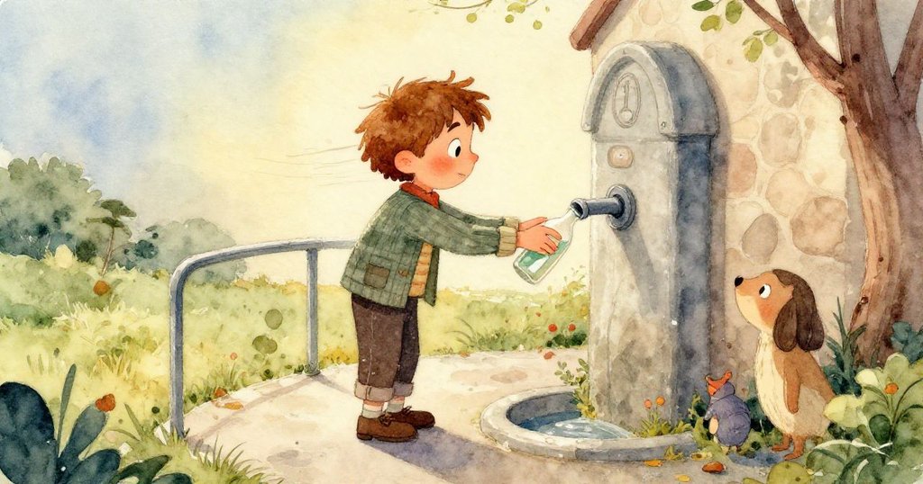 Rafe的手仔細按壓瓶子於噴泉按鈕上，冒出一顆小水泡，象徵著資源流失與微妙希望，情感細膩表現。