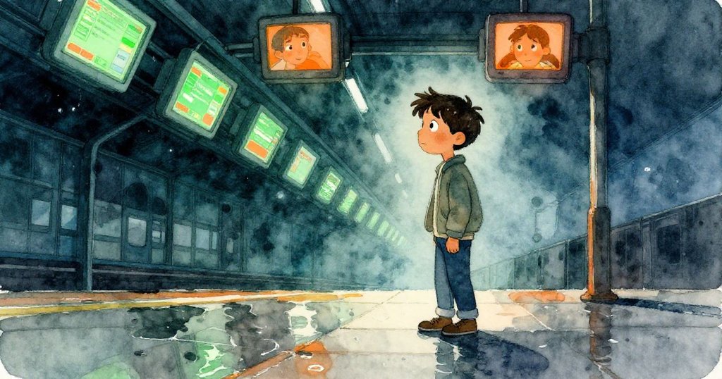 Rafe濕潤的鞋子映出上方閃爍綠光監控與水流軌跡，場景散發出都市冷靜與深思氛圍，情感內斂。