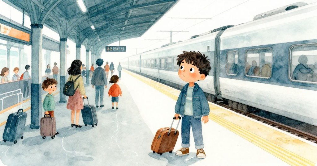 站台上乘客緩步通過，滾動行李與細水流交織呈現轉換空間，氛圍靜謐而過渡，情緒逐步展開。