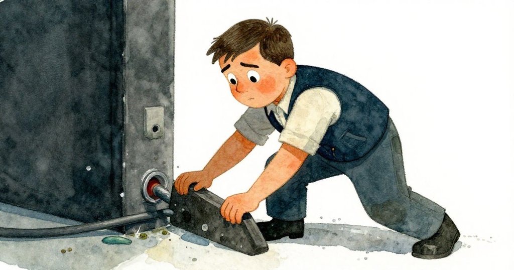 工程師俯身滑入橡膠楔調整裸露電纜，水流隨動至柱邊，展現其緊急而果斷的行動，場面充滿動感。