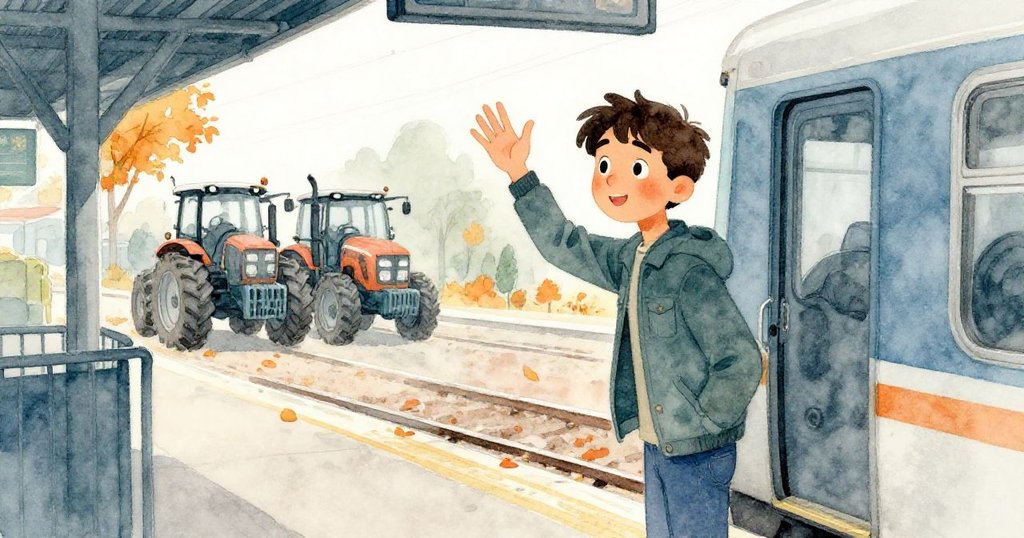 Rafe登上列車時回首揮手告別，站台與外頭秋日景致交織，象徵旅程結束與新希望展開，情緒溫柔動人。