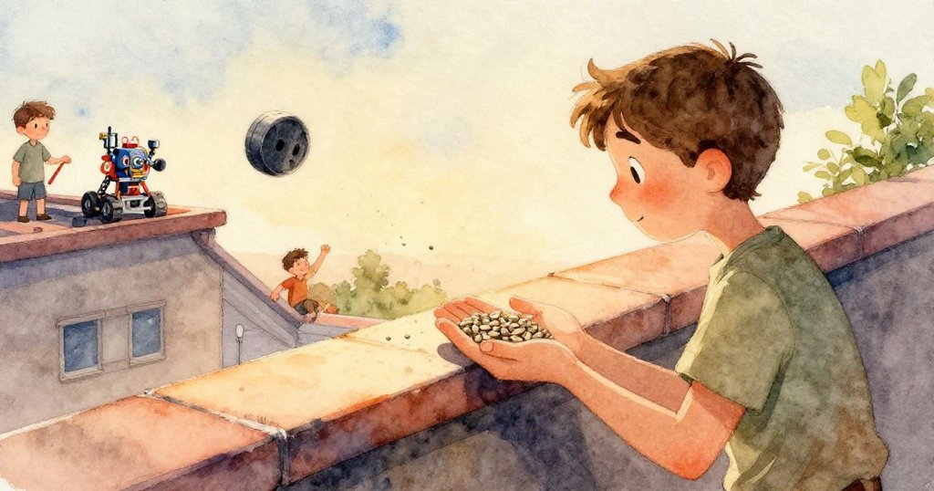 Amos 的冒險細節：塑膠冰球轉動中，紙鶴微微露出，表達冒險後的痕跡與細節。