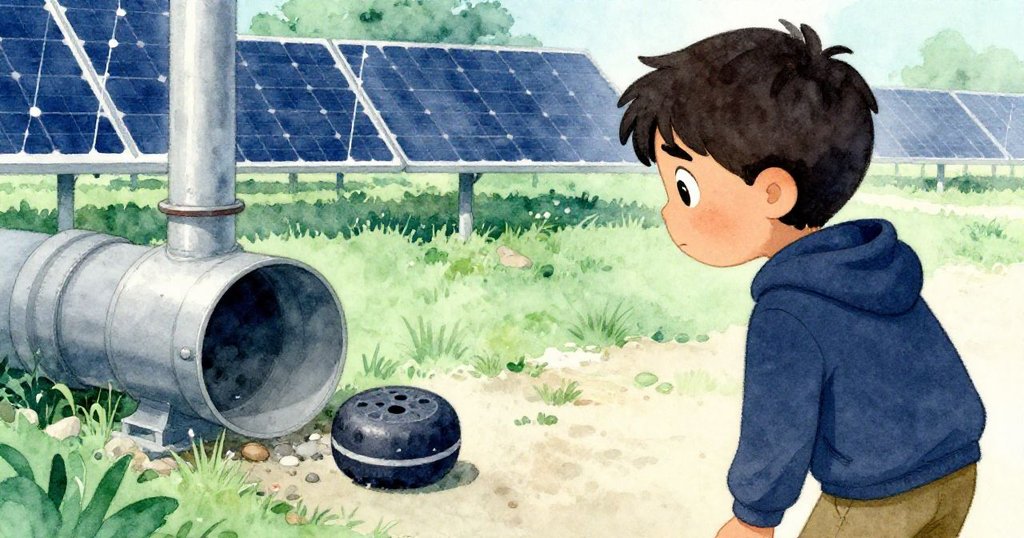 從背後望去，Amos 注視著向通風口滾動的冰球，太陽能板和碎石點綴著緊張而堅定的氛圍。