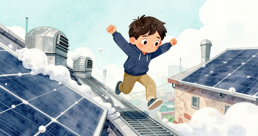 Amos 跃向塵土飛揚的金屬網格，身邊的太陽能板和通風口構成新室般的現代城市冒險場景。