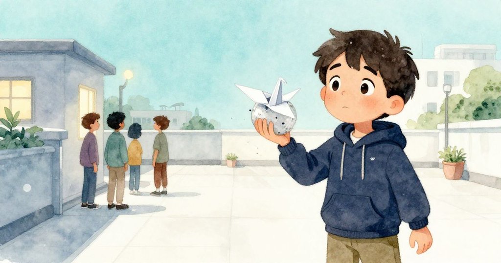 Amos 與隊友溫馨重聚，他懷中拿著冰球，小紙鶴亦藏於口袋，臉上洋溢著成功與安心的笑容。