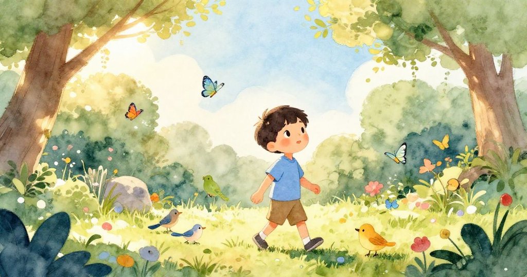 Joel在溫暖早晨走進滿佈花草的小院，鳥兒與蝴蝶飛舞，臉上流露期待與好奇。