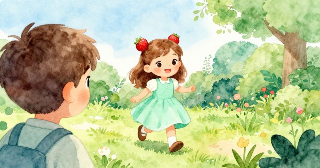 從Joel背後視角看，Delia手捧草莓包，走在綠意花園中，臉上洋溢快樂與期待。