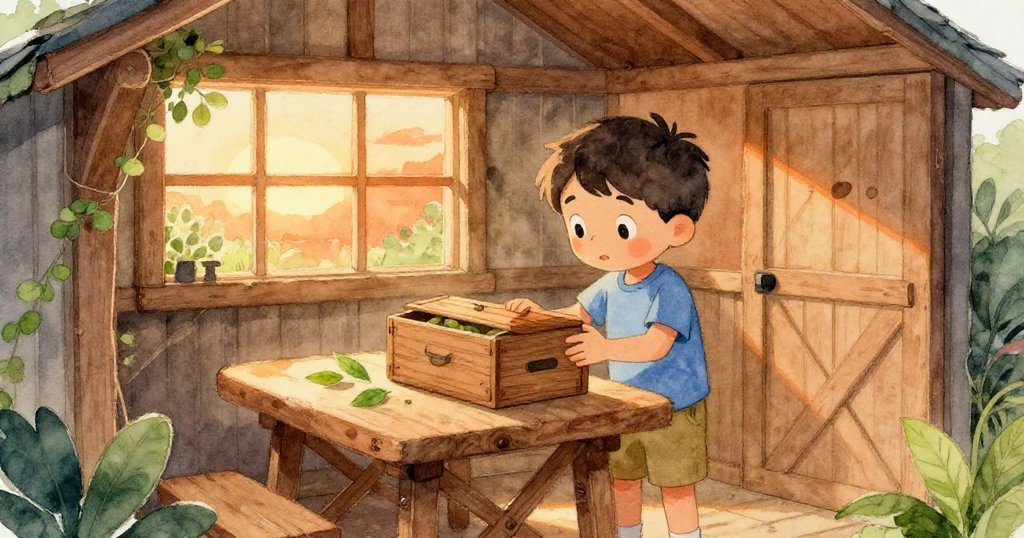 Joel在溫暖木屋中檢查桌上的木箱，窗外自然風光映入眼簾，神情好奇而平靜。