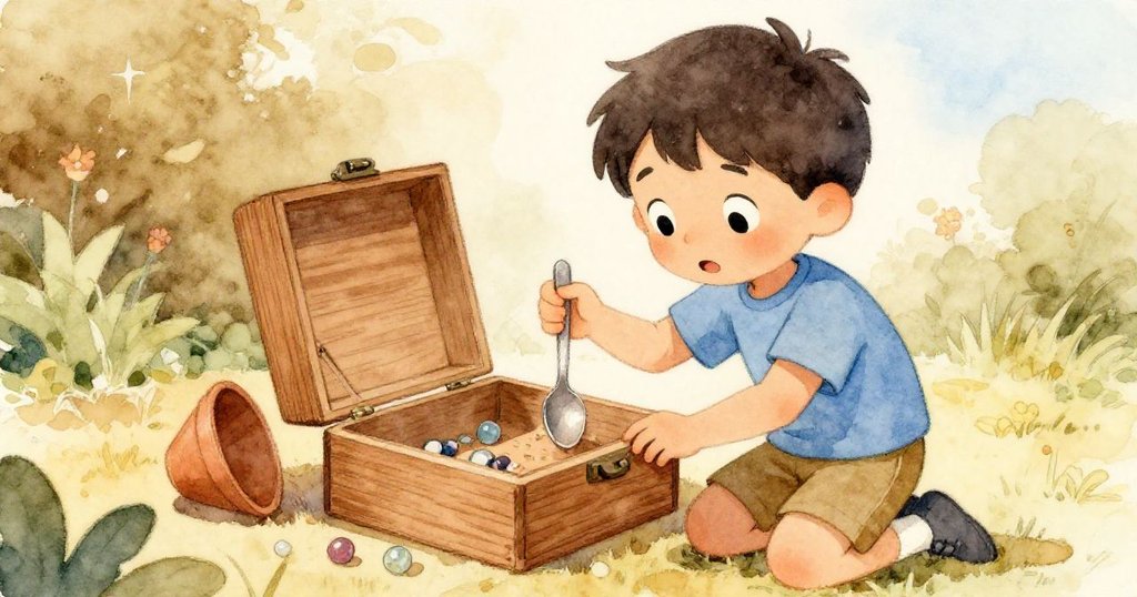 Joel蹲於花園桌旁用湯匙輕敲木箱，臉上透出堅定與些許困惑，花盆與彈珠伴隨花瓣飛散。