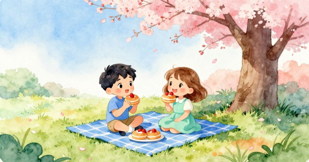 Joel與Delia在櫻花樹下藍色野餐布上共享草莓包，花瓣輕舞，呈現友誼與愉悅的溫馨時刻。