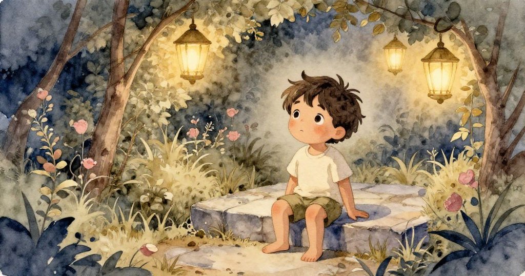 Kane 坐在低石階上，背景有燈光照耀的落葉與遠處隱約聚會，顯得既好奇又安靜，在晚霞中流露期待。