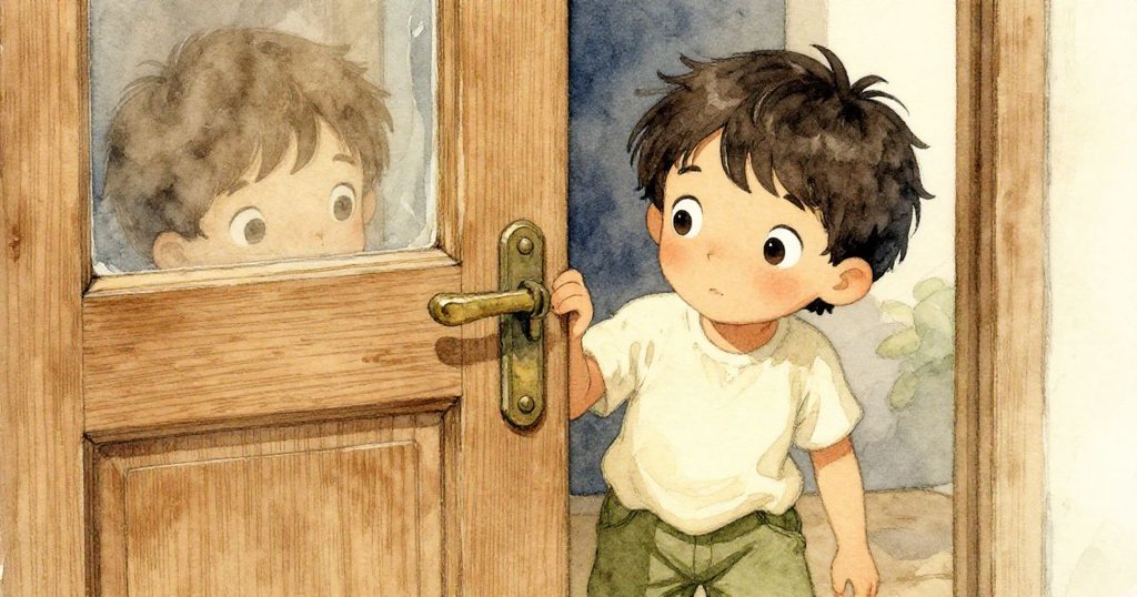 Kane注視著木門特寫，門板展示著豐富的木紋與輕微晃動的門閂，透露出他專注且好奇的情緒。