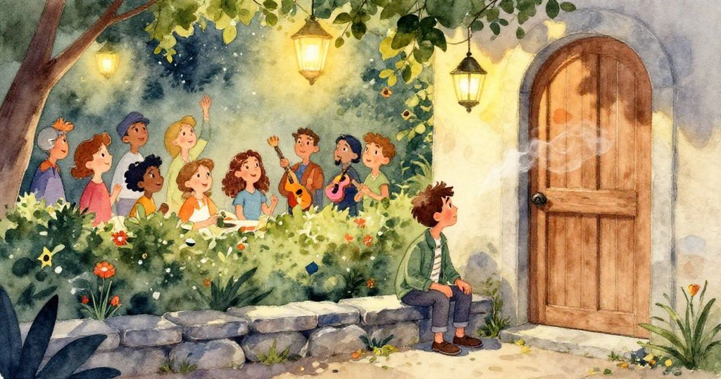 夜風輕拂木門，門框隨風輕晃，微弱蒸氣從縫隙逸出，營造出夜晚中溫柔又神秘的氛圍。