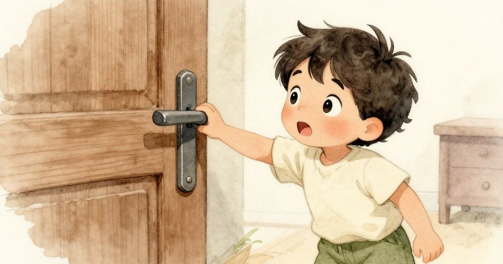 Kane伸手觸摸木門上的門閂，眼神充滿期待與興奮，細膩表現出他與門之間的互動與情感。