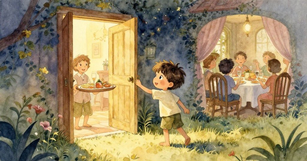 門在最後瞬間大開，溫暖的光芒灑落在草地上，展現出餐盤與歡聚場面，Kane靜坐於石階上驚喜凝望。