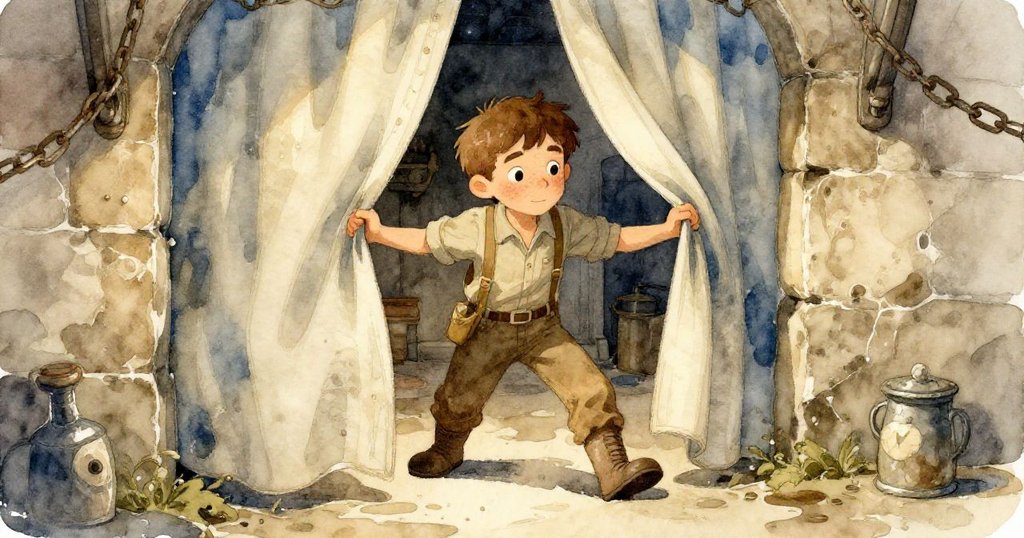 歐文推開鐵鏈窗簾步入濕潤輔助工作間，水坑閃著光，表情充滿好奇與決心，開場場景。