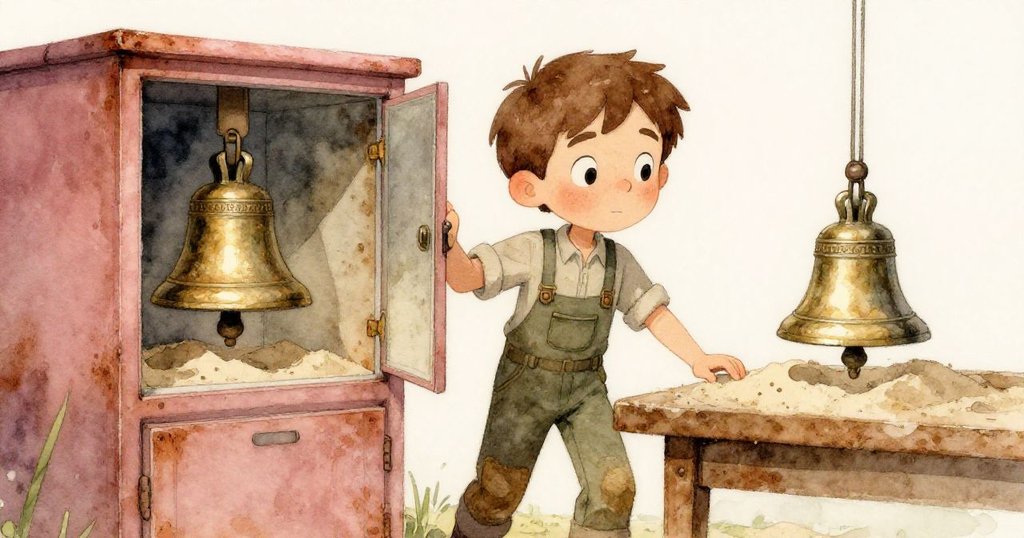 歐文走向擺放在沙成型桌旁的櫥櫃，注視著正在冷卻的青銅鈴，場景溫暖詳盡，充滿期待。