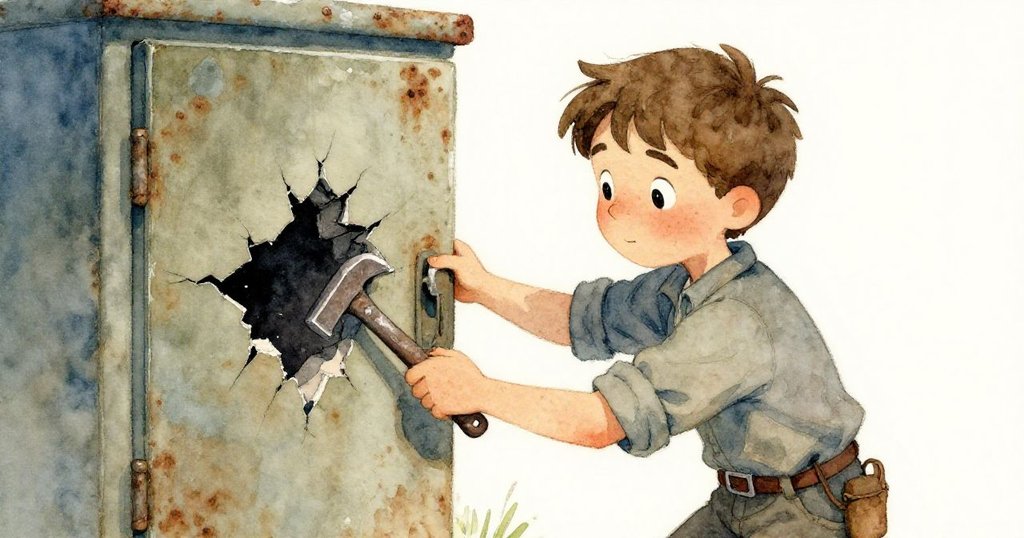 歐文小心地使用廢棄鐵楔撬開鏽蝕的櫥櫃門，近距離顯示門上微小裂縫和深沉光影，呈現謹慎與決心。