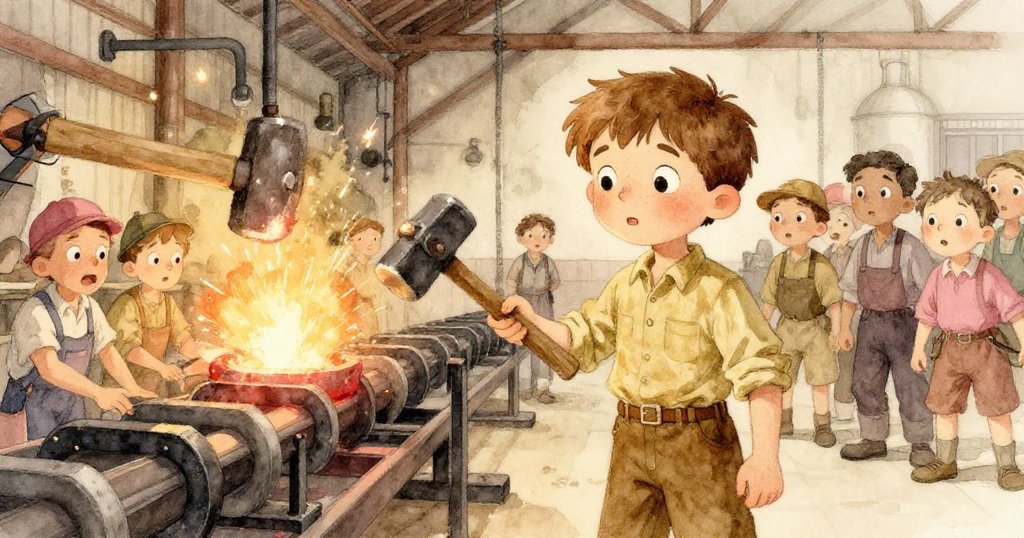 在熔爐光閃爍下，歐文與學徒們驚愕地圍聚在靜止的錘擊和飛濺的火花中，場面充滿突發緊張感。