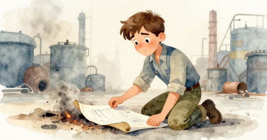 歐文蹲下撿起被微火燒過的藍圖，紙上飄落著灰燼和燒焦邊緣，表情中流露出憂慮與堅定，劇情漸進。