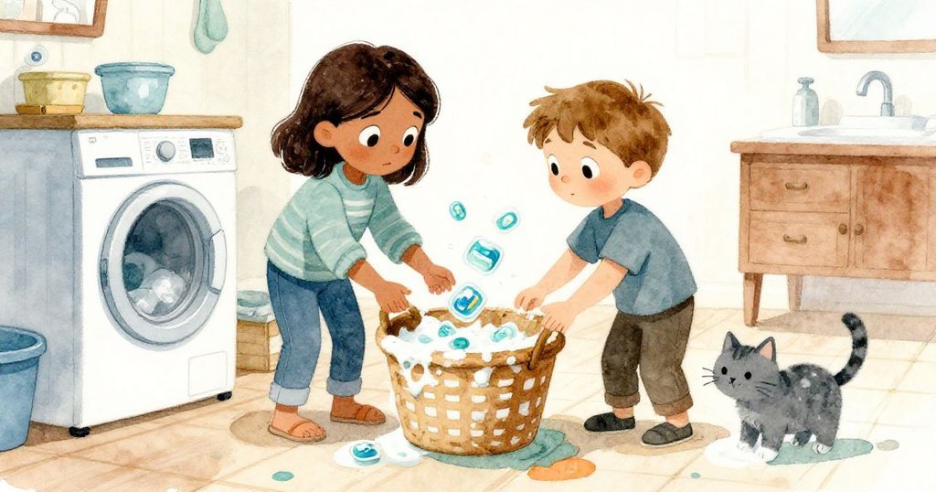 Luna 與 Finn 走進充滿洗衣機與漂浮的洗衣粉的洗衣房，灰貓漫步，Luna緊握籃子，表情堅定且充滿期待。