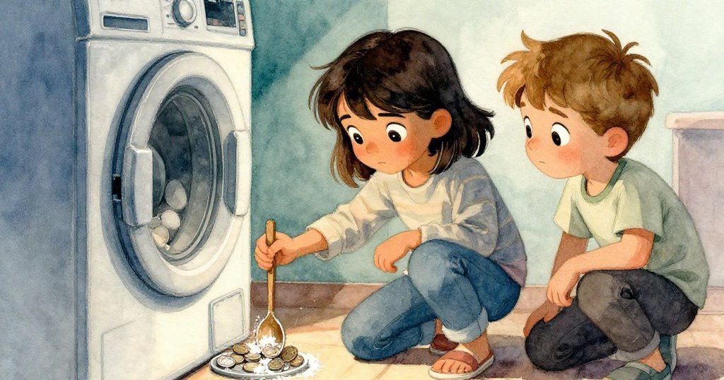 Finn 蹲下用木湯匙敲擊被卡住的銅板，Luna在後方關切觀望，洗衣房中白粉點點，情節逐步展開。