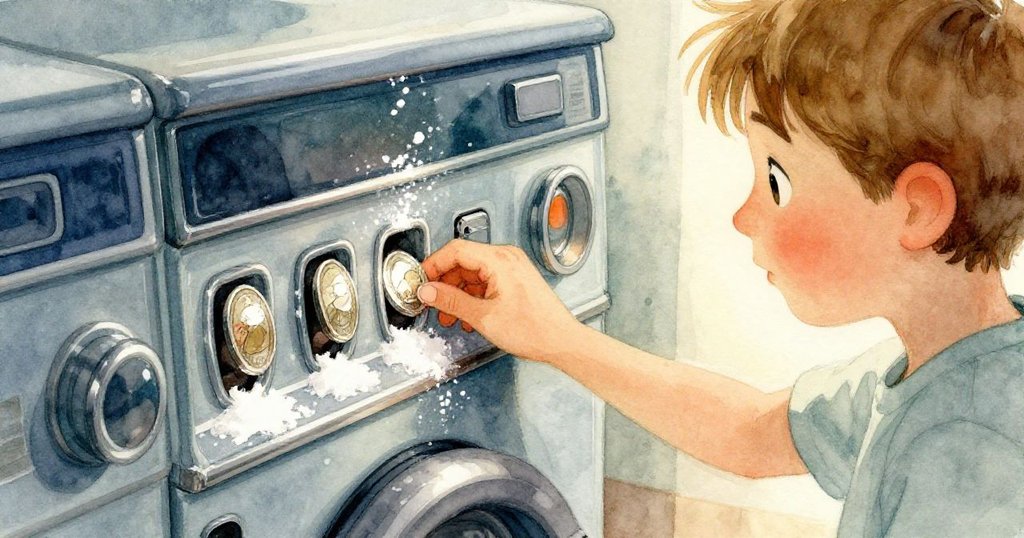 從Finn背後望向銅板與散落的白粉，展現他專注解困的瞬間與機器內部細微光影，情感濃烈。