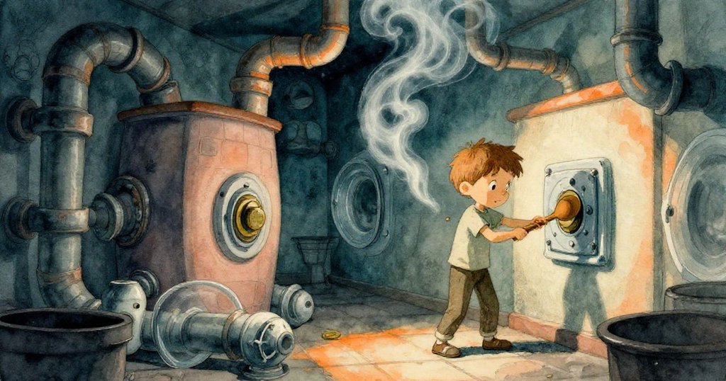 Finn在扭曲、不可能幾何的洗衣房中奮力挑戰卡住的銅板，蒸汽夢幻盤旋，場面超現實而神秘。